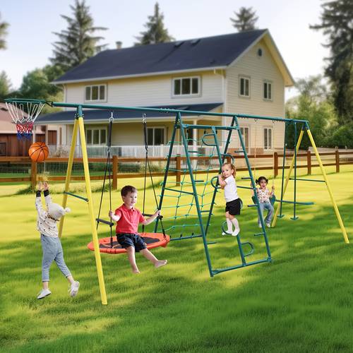 outdoor backyard garden heavy duty a shaped frame metal swing set with swing glider climbing rope climbing ladder basket 6 in 1 swing set for outdoor playground toys for outdoor use