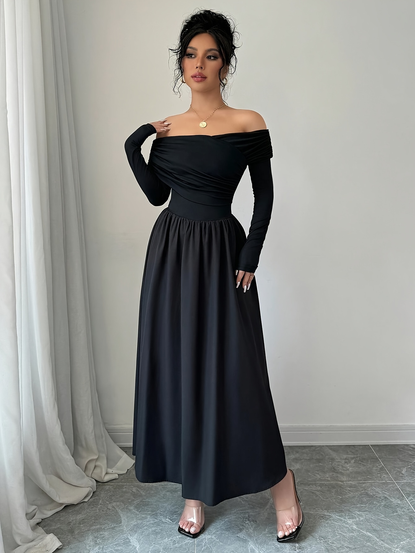 womens elegant shoulder long sleeve black dress frill detail