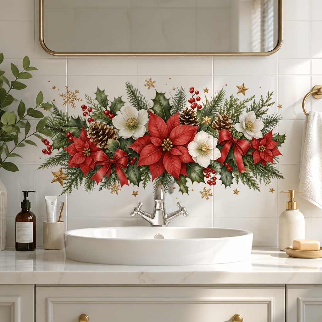 TEMU 1pc Christmas Red Holly Sticker, Winter Floral Snowflake Star Ceramic Tile Frame Sticker, Christmas Red Bow Berry Kitchen Bathroom Sink Wall