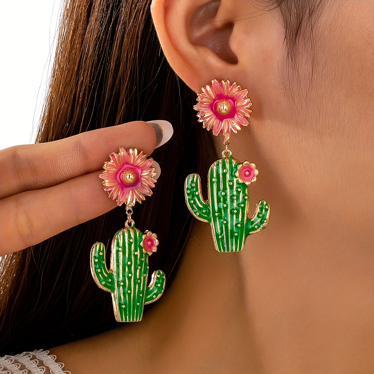 Un Par de Aretes Únicos, Atrevidos y Vibrantes de Flor de Cactus con Diseño Divertido de Esmalte Colorido, Estilo Vacacional que Llama la Atención