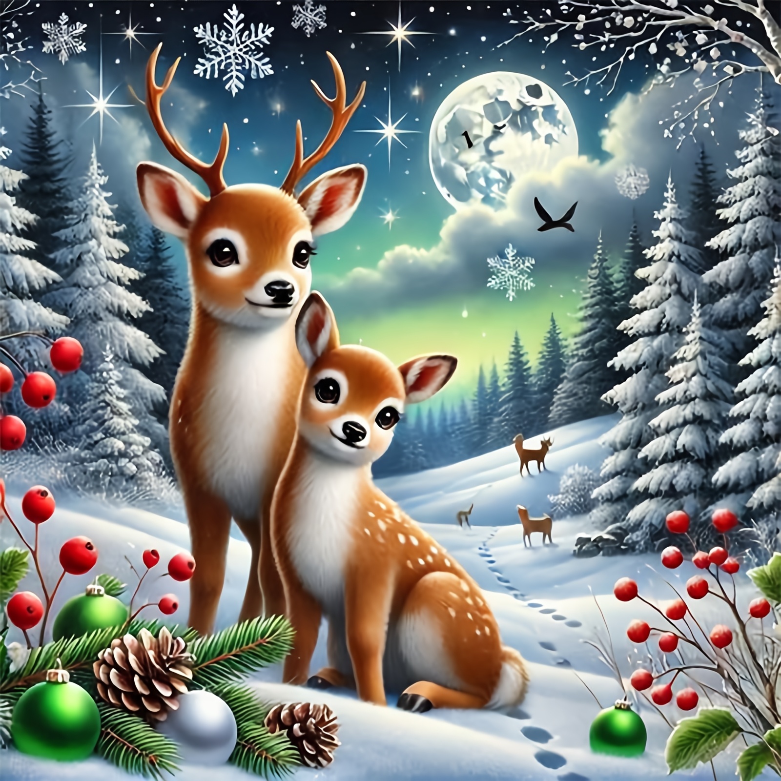 "Christmas Winter Night with Two Deer" Cross Stitch Kit, Perfect for Beginners