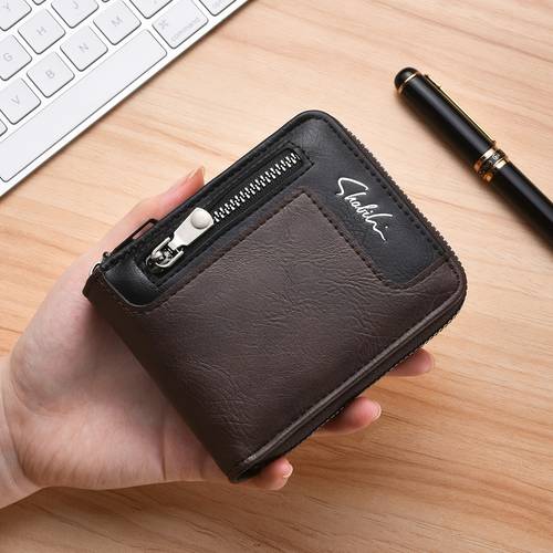 mens short style chain wallet with multi card slots large capacity creative big zipper coin pocket zippered mens bifold money clip