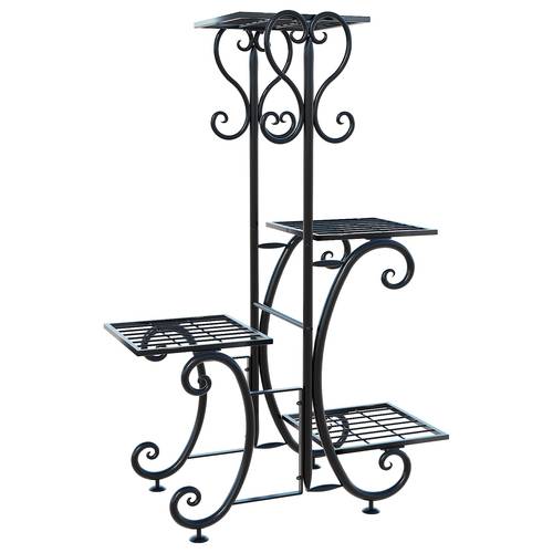 4 tier black metal plant stand versatile indoor outdoor flower pot holder decorative wrought iron display rack for garden patio lawn balcony office with grid pattern indoor plant organizer planter elegant metal rack