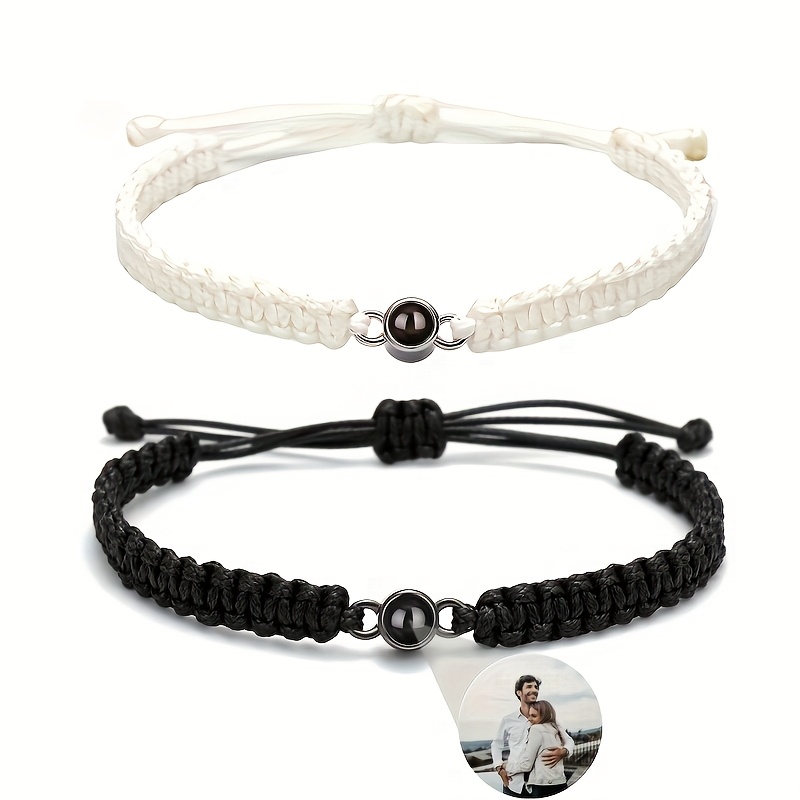 TEMU 2pcs Custom Photo Bracelet Hand-woven Rope Couple Bracelet With Projection Inside Wedding Anniversary Gift Personalized Jewelry Unisex Wedding