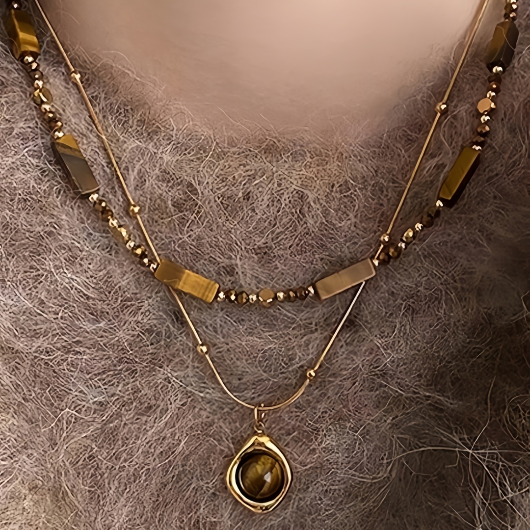 TEMU 2pcs Women's Plated Bead & Eye Pendant Necklace - Double-layer Retro Elegant Suitable For Daily Wear, Gift For Halloween, Valentine's Day, With