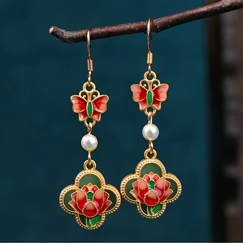 

1 Pair Vintage Elegant 24k Golden Plated & Floral Drop Earrings With Pearl Accent, Red & Green Enamel, Glass Mosaic, Copper, 925 Sterling Silver Post For Daily & Vacation Wear