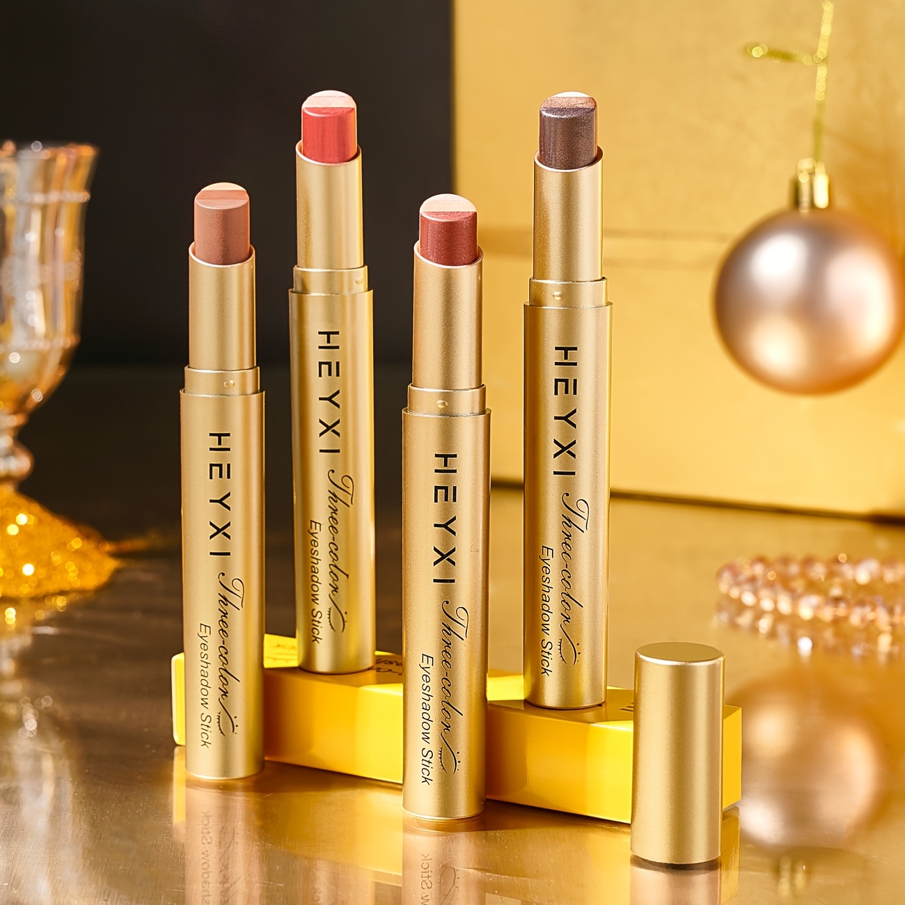 Image of 4pcs Heyxi Tri-color Glitter Eyeshadow Stick, Waterproof And Sweatproof, , Brightening, Versatile Day And Night Stick Texture, Beginner-friendly, Ideal Gift For Christmas And Halloween