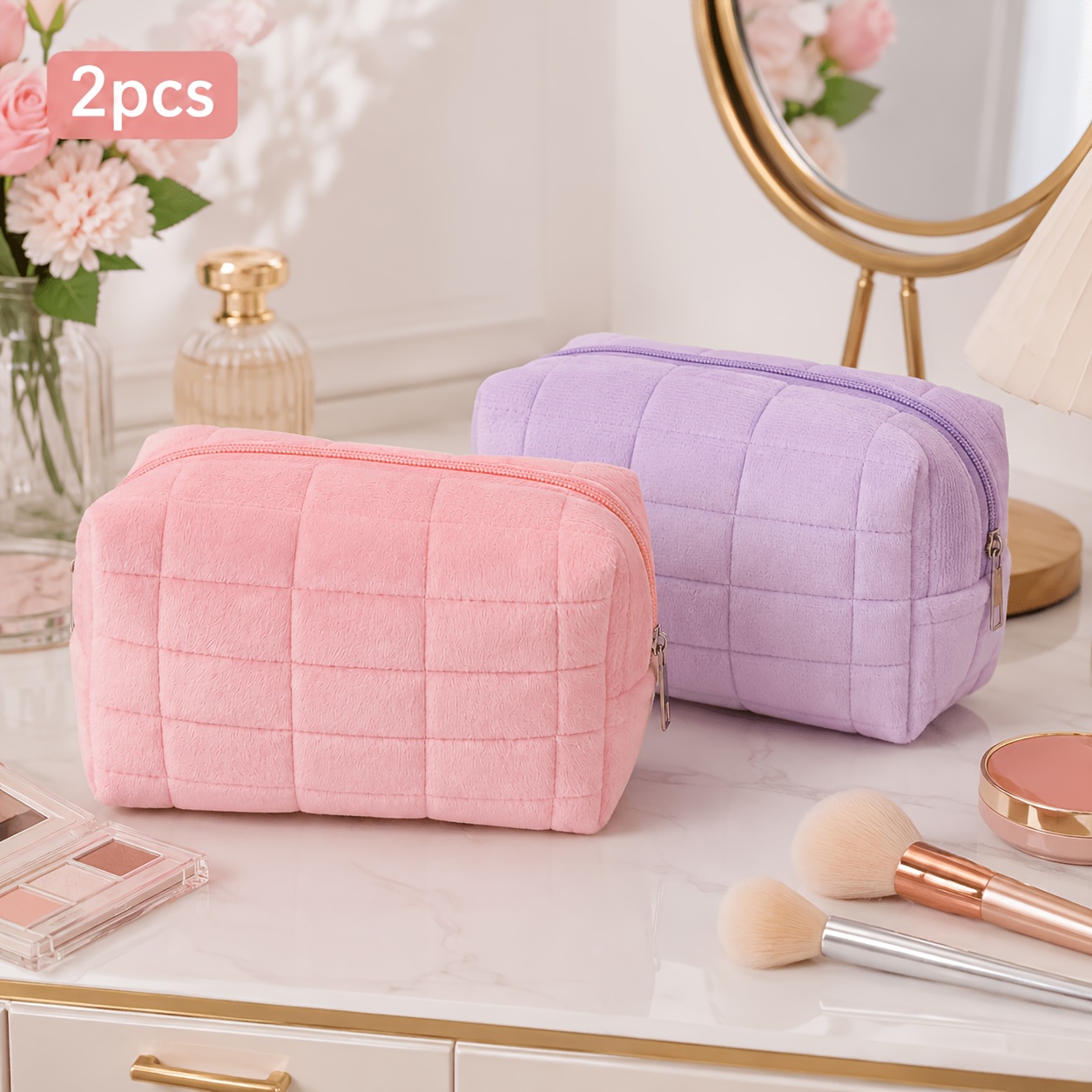 TEMU 2-pack Soft Checkered Makeup Bags, Large Capacity Portable Cosmetic Storage Bags, Multifunctional Travel Skincare And Toiletry Bags, Cute Zipper