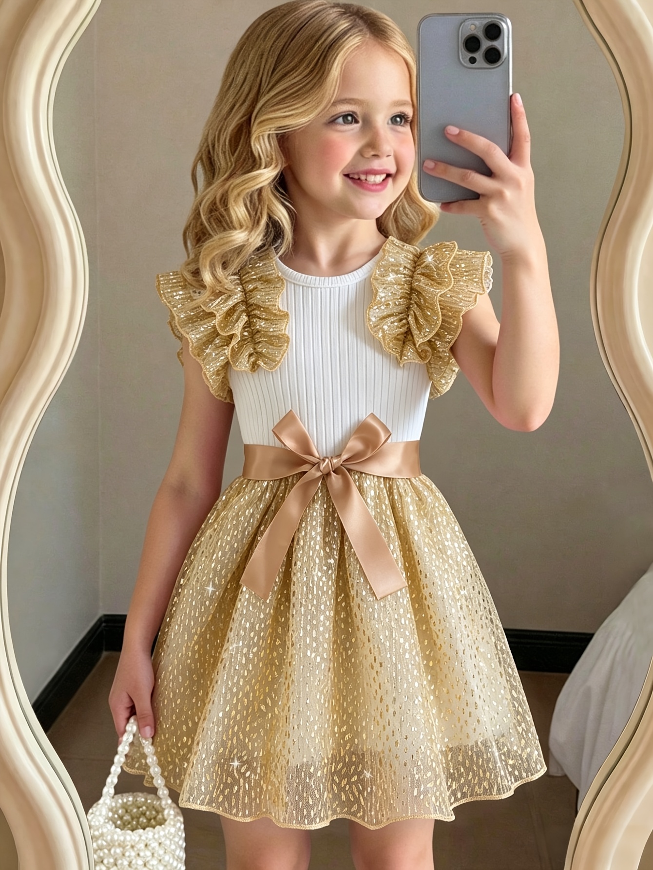 gold toddler dress Pink Girl Dress Ruffled Toddler 1st Birthday Party J425 Pink / child-3 main image 0