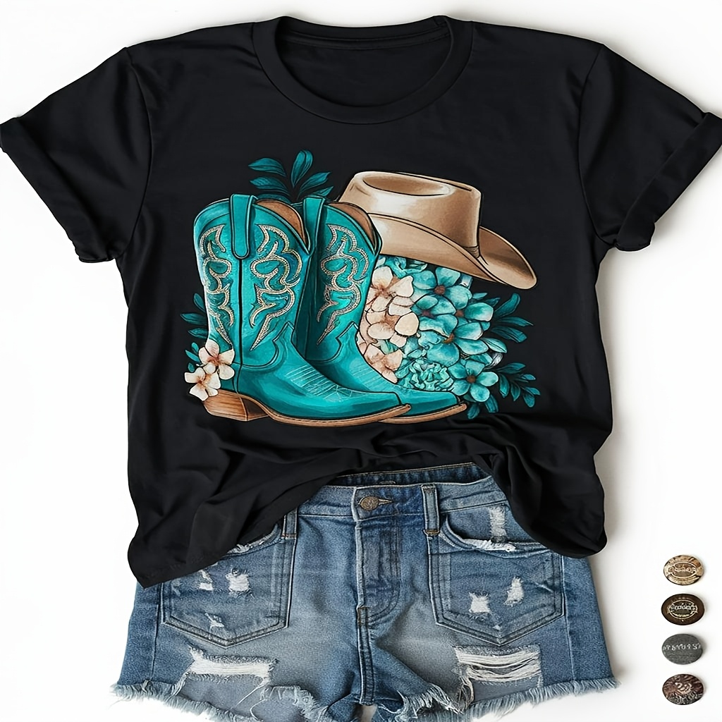 

New Arrival Women's Comfortable Pattern Print Black Washed T-shirt, Loose Round Neck Short Sleeve