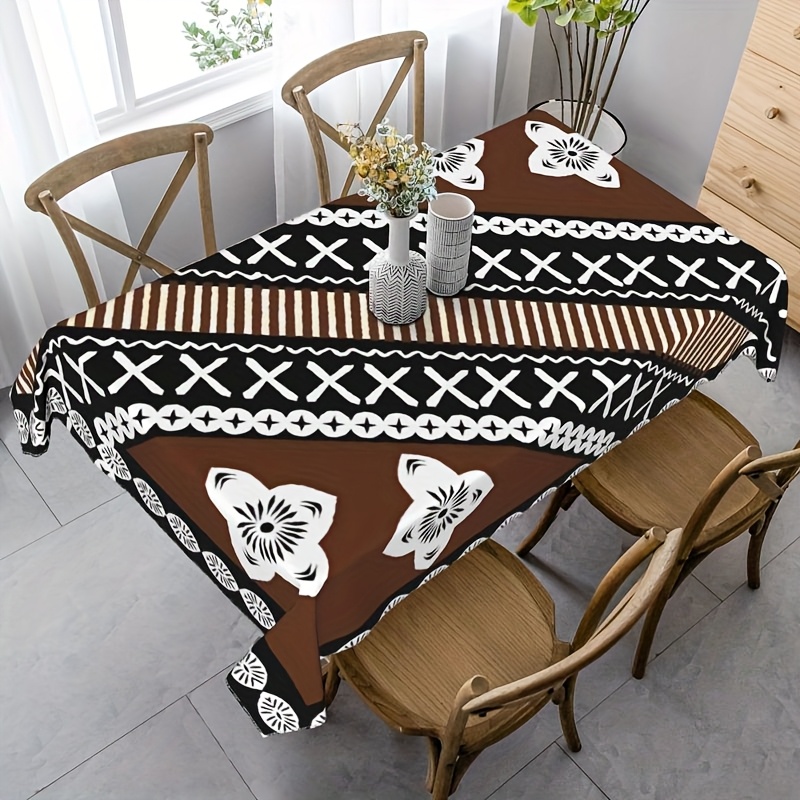 TEMU 1pc Biihudu Fijian Tribal Black Beige Traditional Fijian Pattern Printed Home Tablecloth, Cloth-like Design, Large Size Personalized Tablecloth