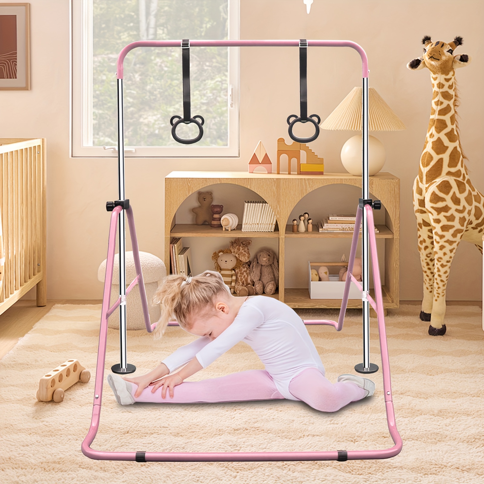 Adjustable Height Kids Monkey Bars with Bear Rings - Foldable Multifunctional Gymnastics Bar for Strength & Balance Training, Heavy-Duty Steel Home Gym Equipment with Non-Slip Base & 110 lbs Capacity, Space-Saving Design for Toddlers & Children (Purple/Green/Blue), Indoor Playset, Playful Design, Sturdy Construction