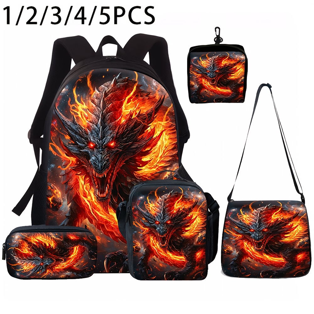 TEMU 1/2/3/4/5pcs Backpack Suitable For Graduation Gift, Dragon Print School Bags With Adjustable Straps & Zipper Closure, For And, Student Bookbag,