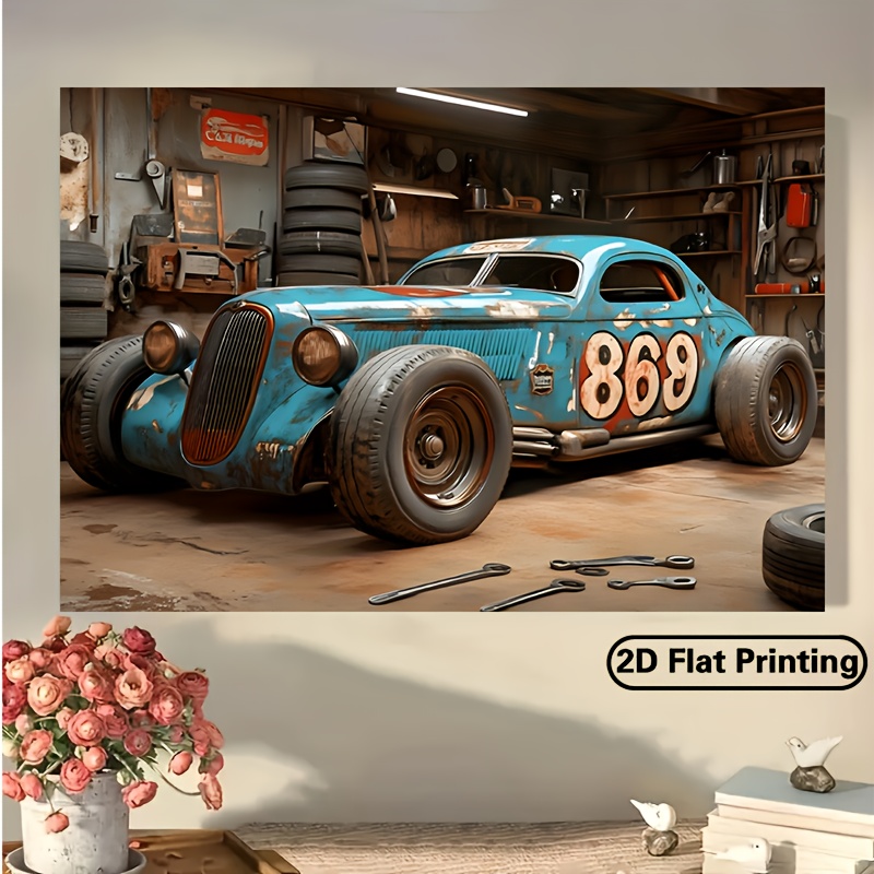 E-shop 2D Flach, 1 Stück Vintage Rennwagen Garage Werkstatt Hintergrundbanner, Rustikales Thema Partybanner, 179,83x229,87 cm, Polyester, Ideal für