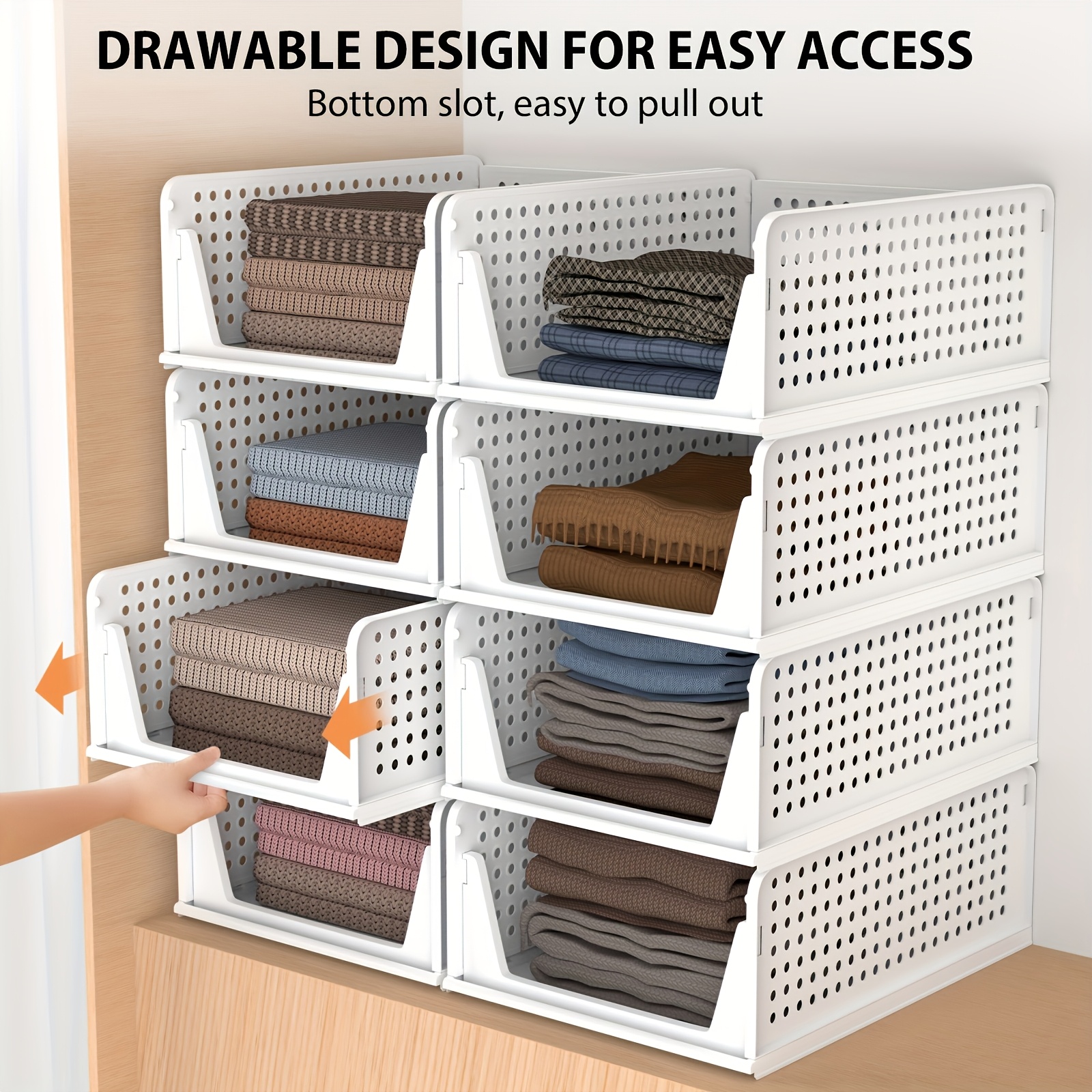 item picture stackable foldable closet organizer boxes space saving white plastic storage for clothes towels and more ideal for wardrobe kitchen laundry room and bathroom organization closet organizers and storage shelf baskets