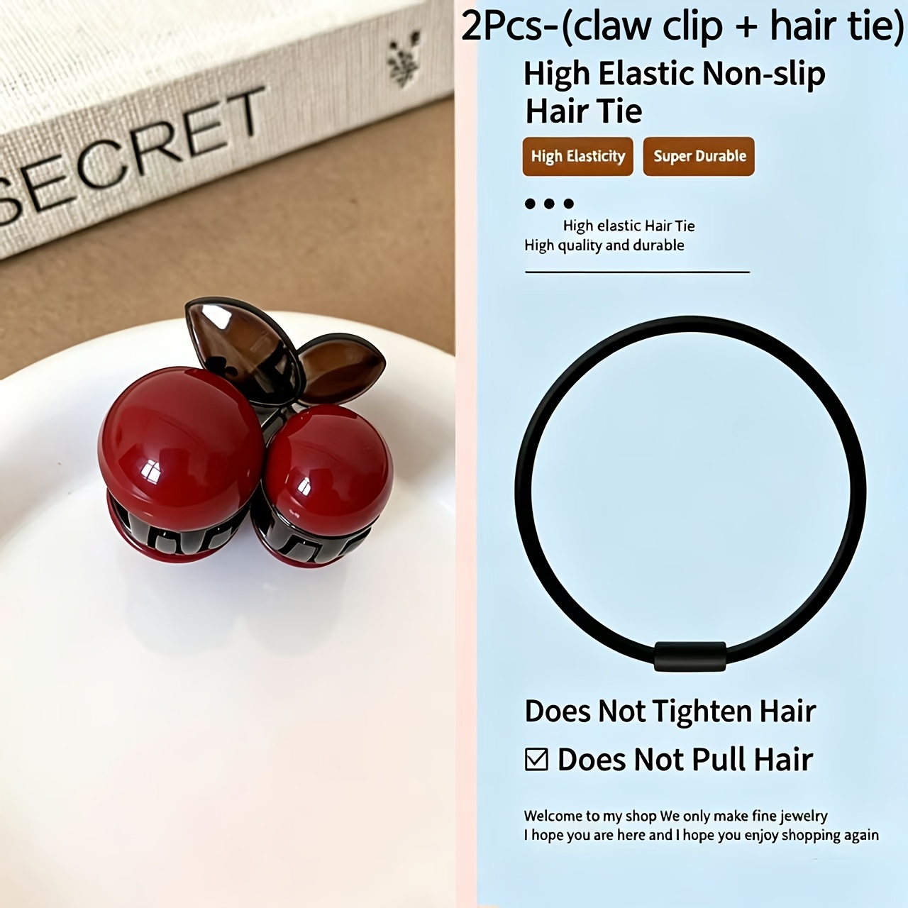 TEMU 2pcs [1pc Sweet Cherry Claw Clip And 1pc Non-slip Elastic Hair Tie], Cute Clip, Women' Hair Ornaments, Cherry Claw Clip, Fruit Hair Claw, Cute