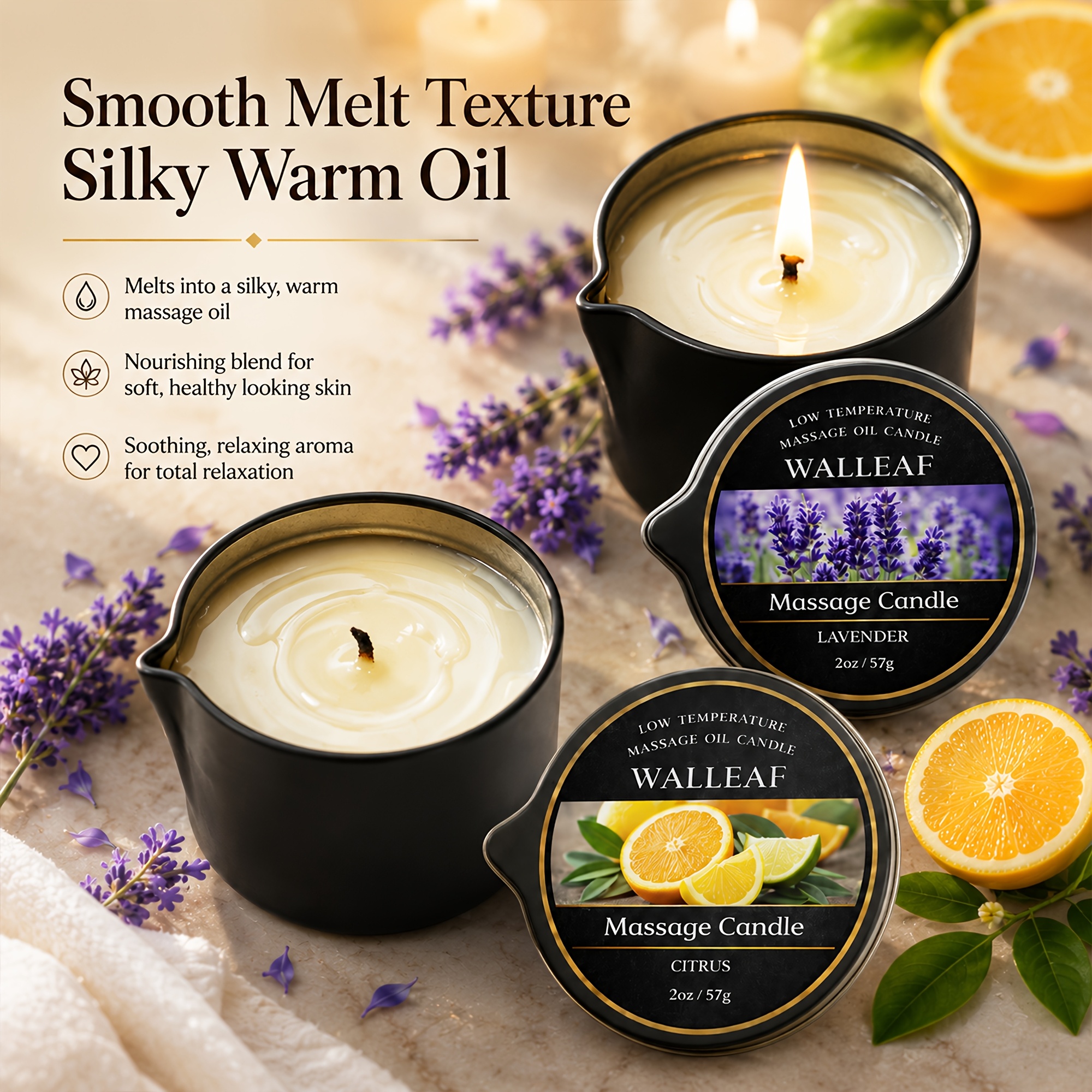 TEMU Lavender & Candle Duo, Walleaf 2pcs Scented Body Massage Oil Set, Silky Pourable Melting Oil For Home Spa Self Care, Relaxation Gift, Birthday