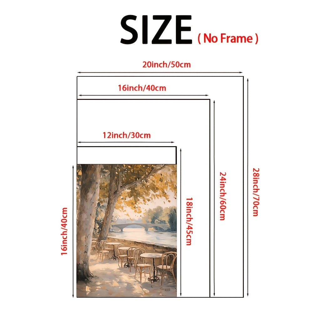 2d 플랫, 2d 플랫, 2d 플랫 포스터 프레임리스 캔버스 아트, 가을 로맨틱 프랑스 카페 테라스 - 레트로 파리 벽 장식, 녹색 나무 강변 풍경, 인상주의 그림 183