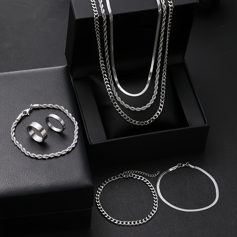 

8-piece Stainless Steel Men's Jewelry Set: Chains, Necklaces, And Rings - Wear