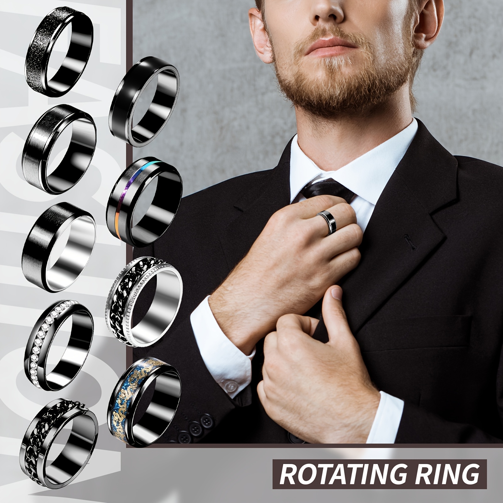 mens stainless steel fidget spinner rings cool rotating ring set black omnidirectional stainless steel anxiety rings set of 9 Product details 1