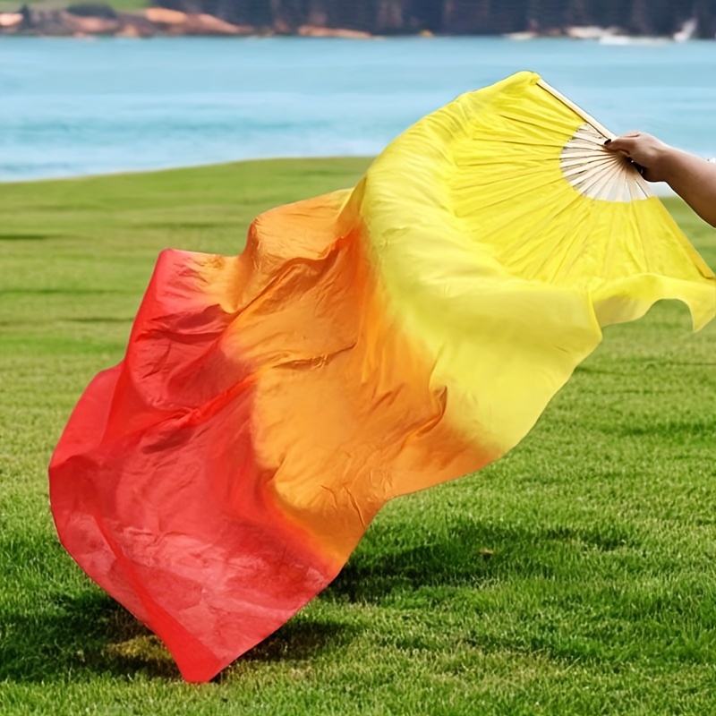 

1pc Right-handed Soft Silky Bamboo Folding Fan With Vibrant Yellow To Red Gradient Veil - Belly Dance, Dance Performances & Stage Shows