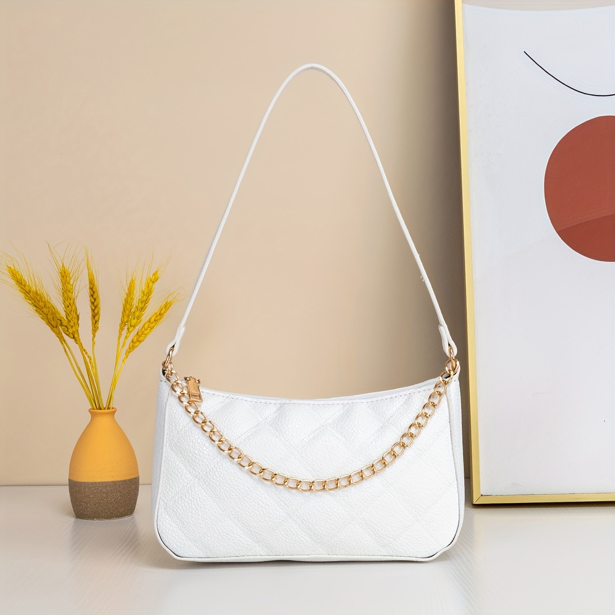 

White Minimalist Shoulder Bag With Chain Decor, All-match Underarm Bag For Women, Daily Use Shopping Armpit Bag