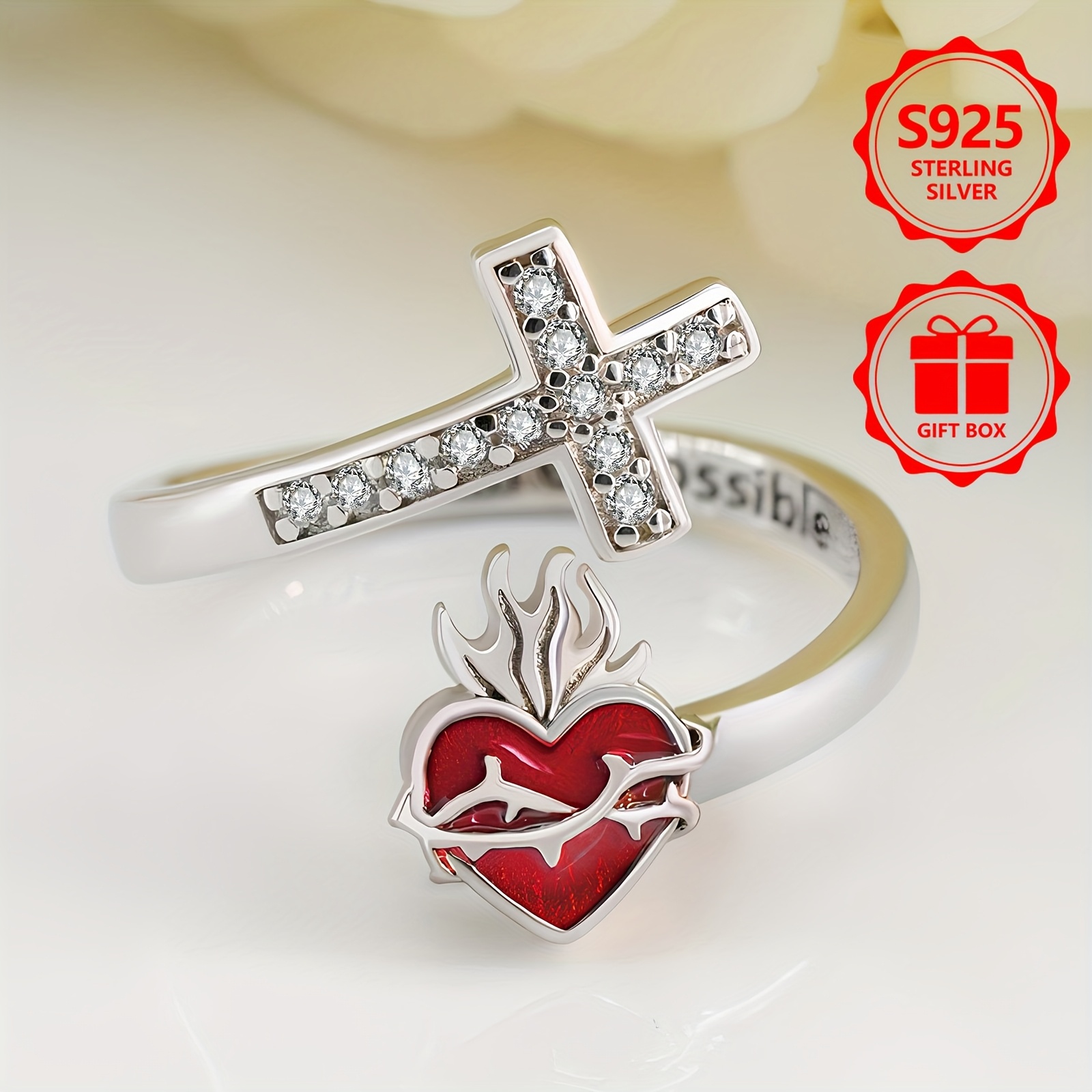 925 Silver Women's Sacred Heart Open Ring