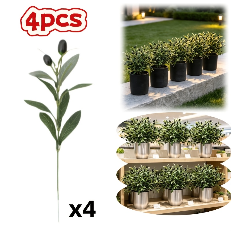 TEMU 4pcs Set Artificial Olive Tree, Plastic Faux Greenery, Realistic With Black Olive Fruits, No Maintenance And No Shedding, For Home Entryway, Bar