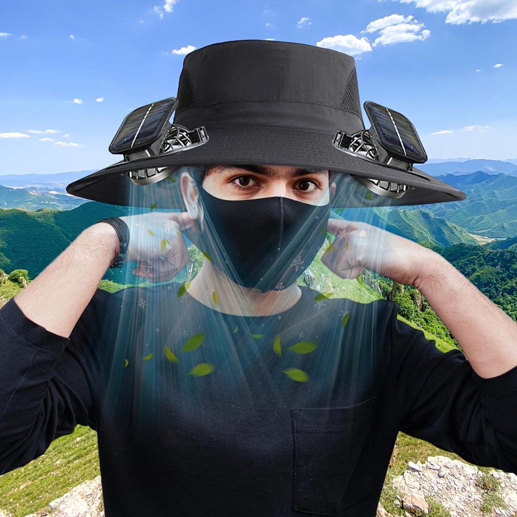 Chapeau De Soleil D'extérieur à Large Bord Avec 2 Ventilateurs Solaires Intégrés, 3 Vitesses Réglables, étanche Pour Randonnée, Camping, Pêche