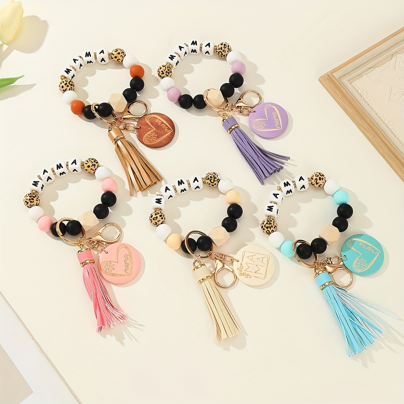 

Chic 'mama' Wooden Bead Bracelet Keychain With Tassel - Silicone, Round Letter Charm For Women - Perfect Mother's Day Gift