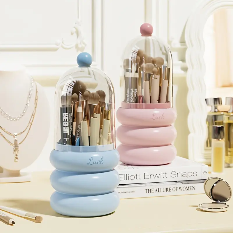1pc rotating makeup organizer with brush holder multi compartment cosmetic office storage box durable plastic countertop organizer for bathroom vanity desk space saving design for pens brushes toothbrushes makeup brushes makeup vanity desk polished sturdy construction home organizers material home organizers Product details 3