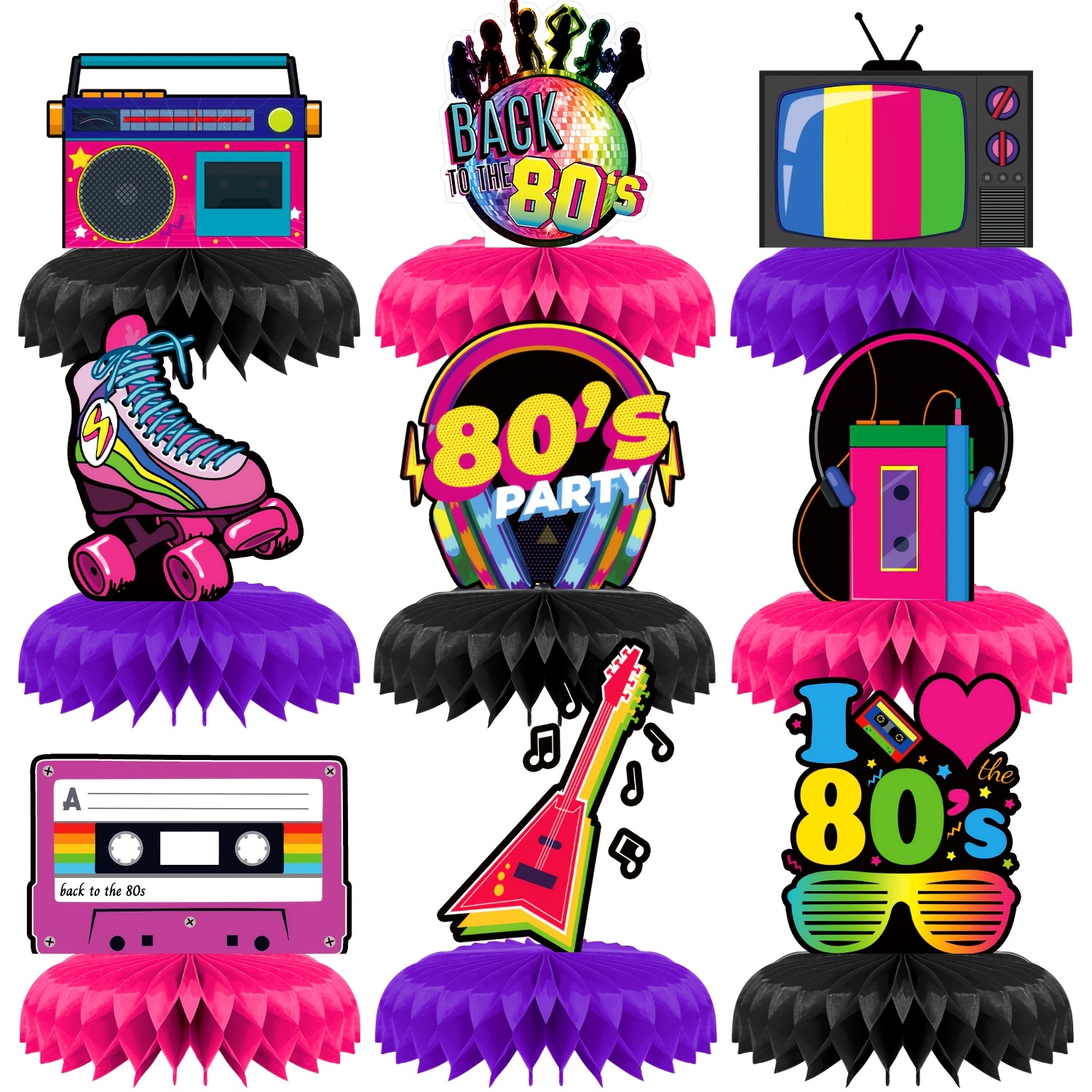 9pcs Disco 3d Honeycomb Centerpieces Decorations Back To 80s Disco Party Decorations Table Paper Centerpieces For Birthday Hip Hop Props Nostalgic Birthday Party Supplies, For Christmas, Halloween