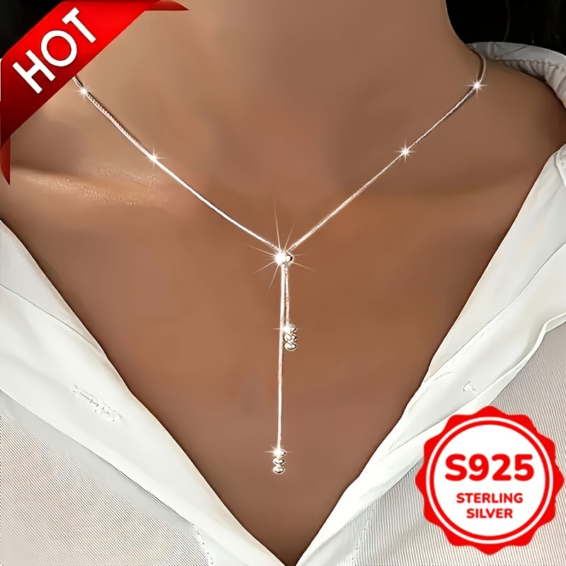 TEMU 925 Pure Silvery Y-shaped Necklace, Elegant And Suitable For Women, Adjustable Bead Slider, Simple And , Suitable For All , Suitable For And Vacation, Perfect Christmas Gift Product, About 5g