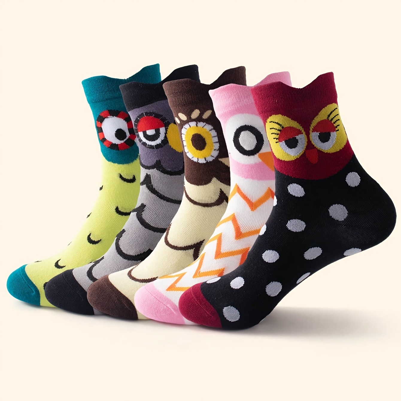 

5 Pairs Of Men's Trendy Cartoon Owl Pattern Crew Socks, Breathable Comfy Casual Unisex Socks For Men's Outdoor Wearing All Seasons Wearing