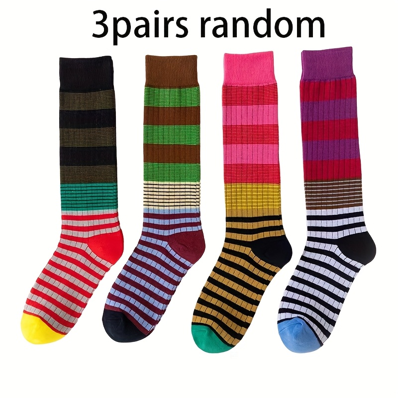 E-shop 3 Paar Damen Lange Vintage Bunte Gestreifte Socken | Trendige Stapelbare Vielseitige Socken, Ganzjahres, Stoff