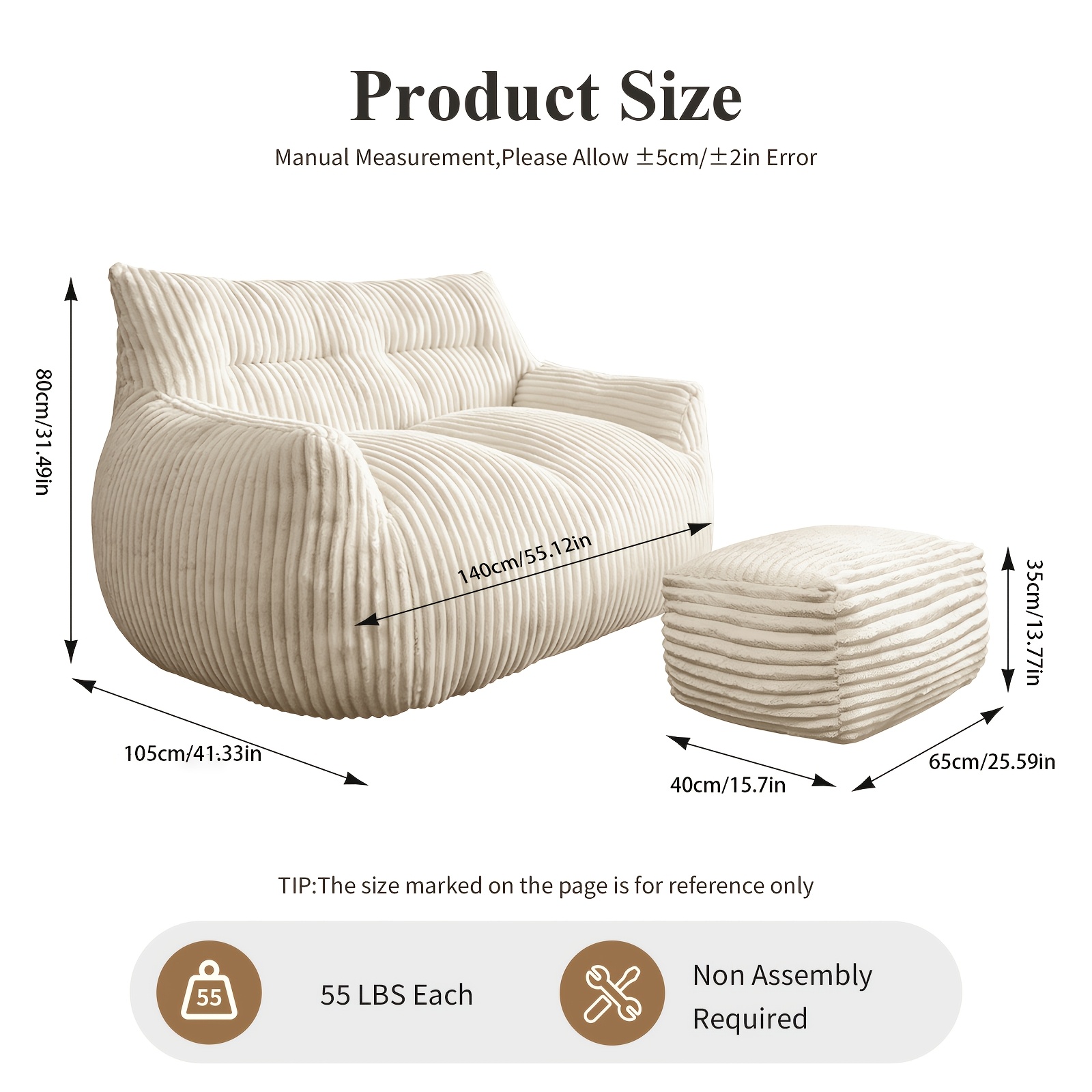 Image of Double Lazy Sofa, Lazy Sofa With Footrest, Suitable For Living Room, Bedroom, And Outdoor Space, Super Soft Flannel, Fluffy, Comfortable, And Washable Cover