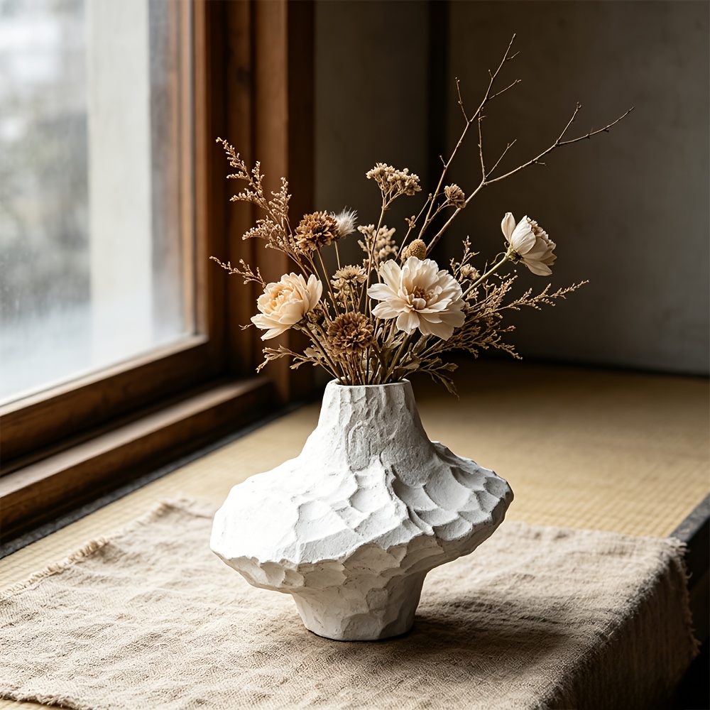 White Wabi-Sabi Ceramic Vase, Handmade Stone Texture Pottery, Matte Glaze Vessel for Living Room & Entryway, Hydroponic & Dried Flowers, Retro Home Decor for B&B & Tea House