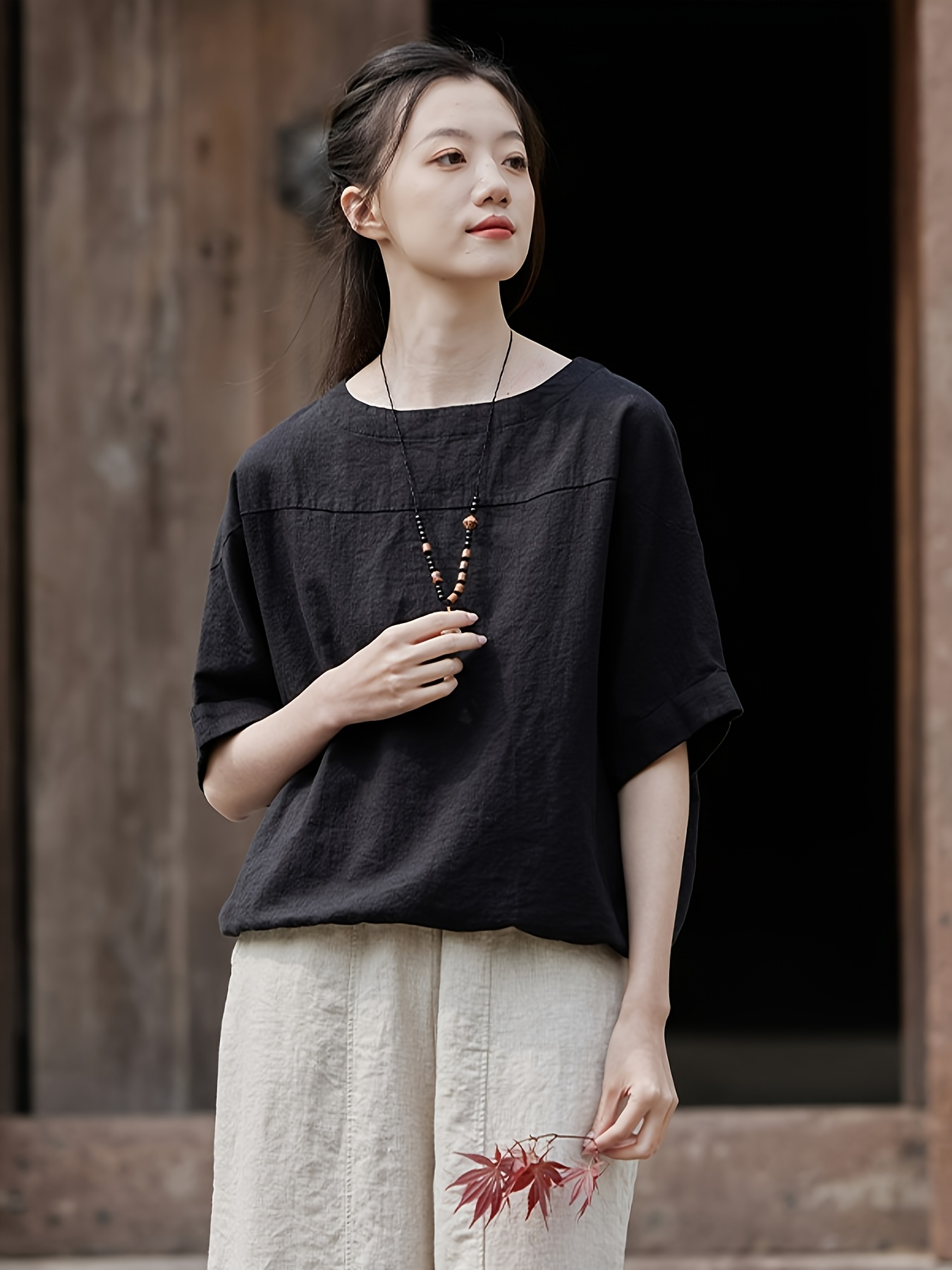 camiseta viscosa mujer blusa holgada beige top transpirable Temu