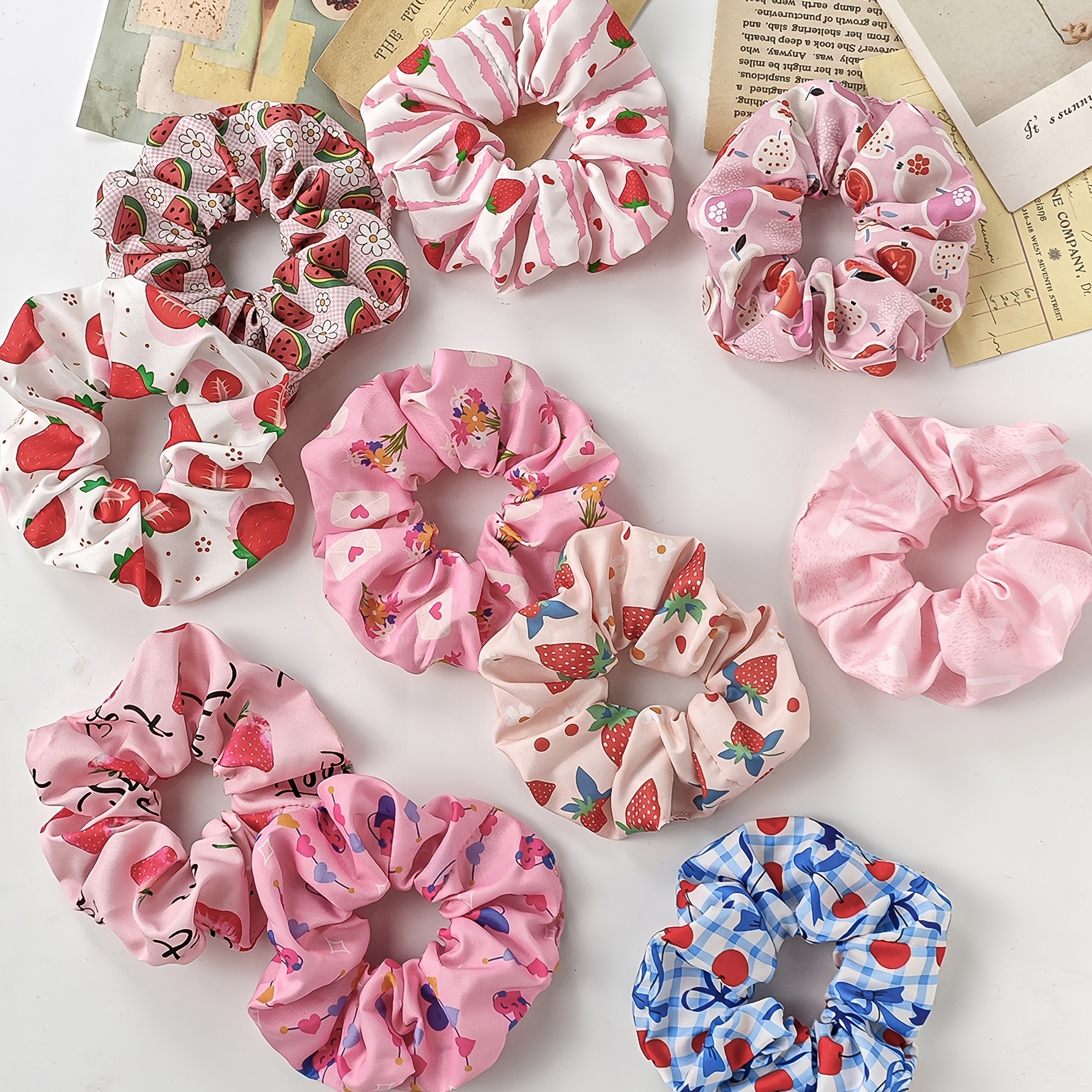 

10pcs Valentine's Day Hair Scrunchies - Elegant & Sweet Mixed Colors With Fruit, Hearts, And Floral Patterns - Women And Girls, Ribbon, Hair Accessories