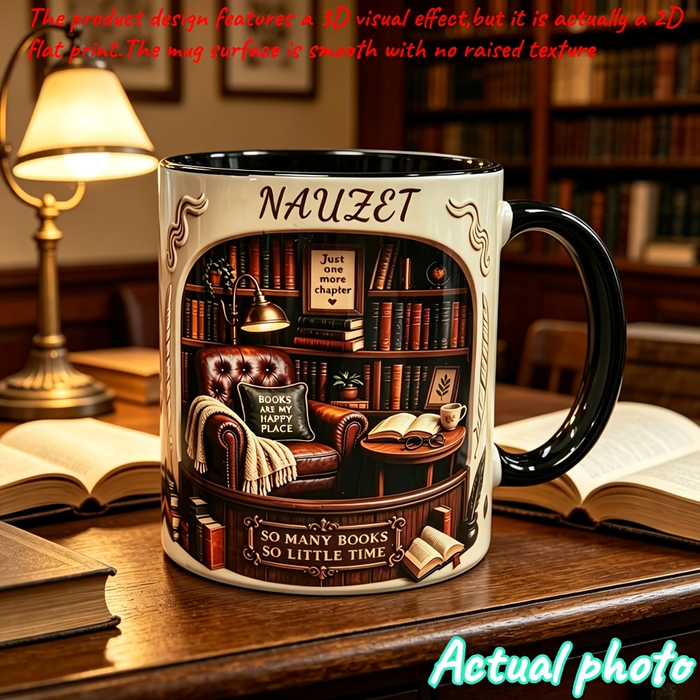 TEMU Personalized Reader Bookshelf Mug, A Gift For Book Lovers, Custom Name Reading Gift, 11 Ounces, 2d Heat Transfer Technology, Reusable, With Heat