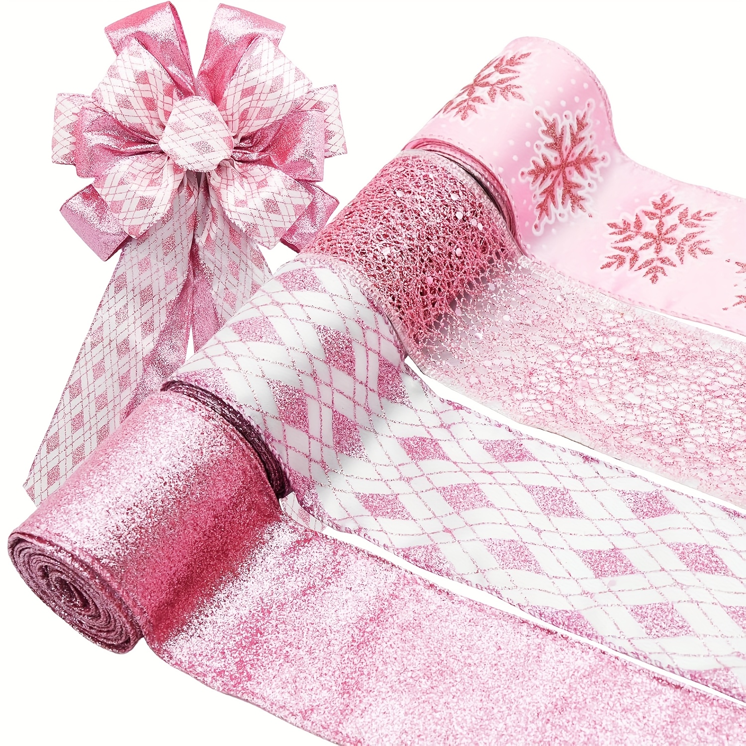 TEMU Lot de 4 rouleaux de ruban de Noël rose à paillettes avec bordure métallique, ruban à motif de de neige rose en à paillettes pour loisirs