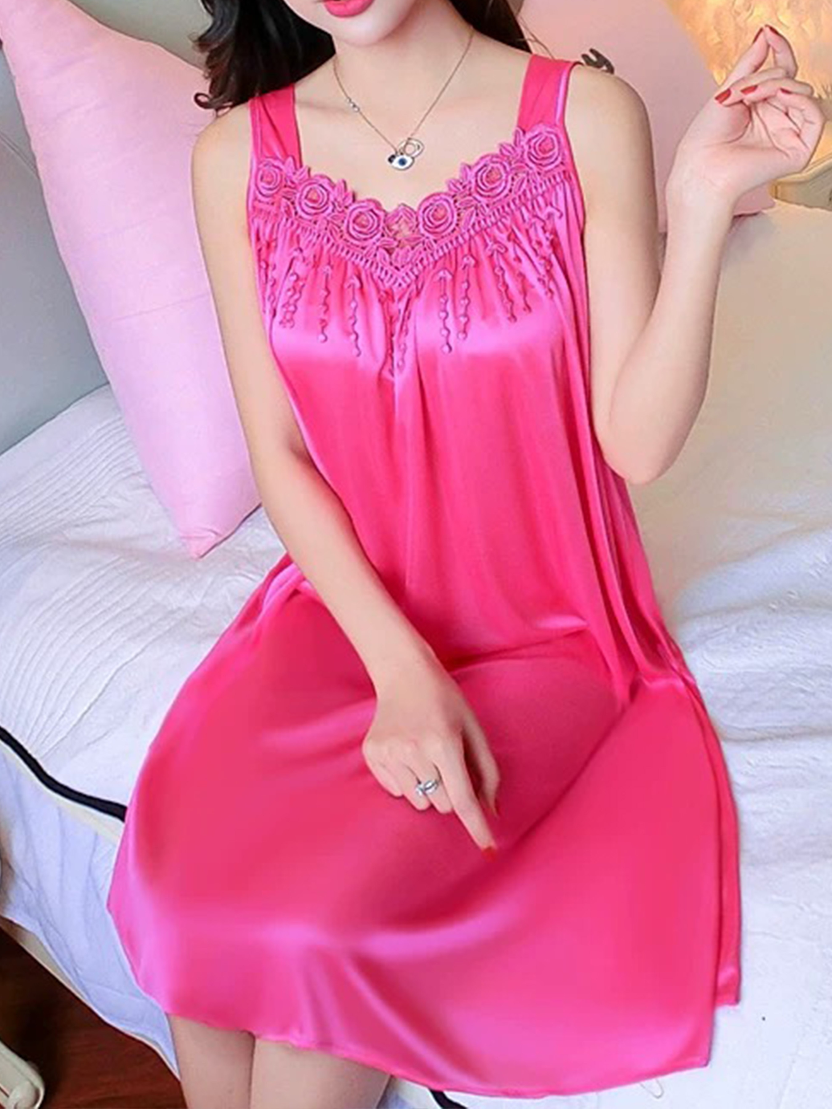 Plus Size Women's Sexy Sleeveless Spaghetti Strap Sleep Dress - Lightweight Ice Sliky Fiber Mid-Length Nightgown, Vibrant Red Non-See-Through Summer Pajama & Lounge Wear