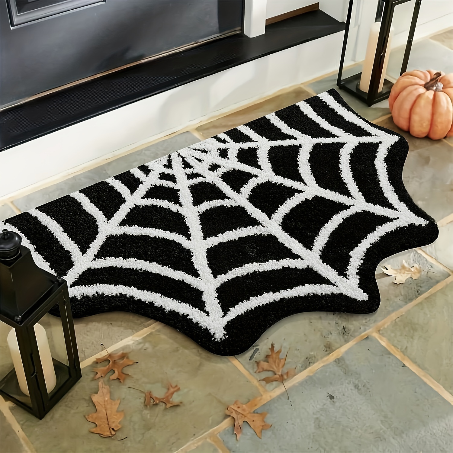 halloween spider web doormat non slip machine washable polyester fiber gothic plush area rug for bathroom kitchen front porch indoor spooky cobweb throw   details 0