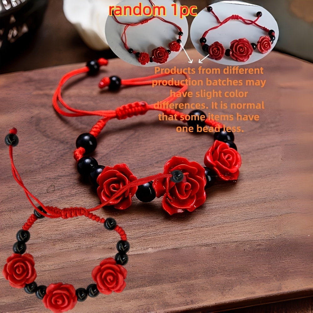 TEMU Random Style Adjustable Beaded Bracelet With Red Rose Beads, Featuring Ethnic Rose Charm, Perfect For Daily Wear And Holiday Additions