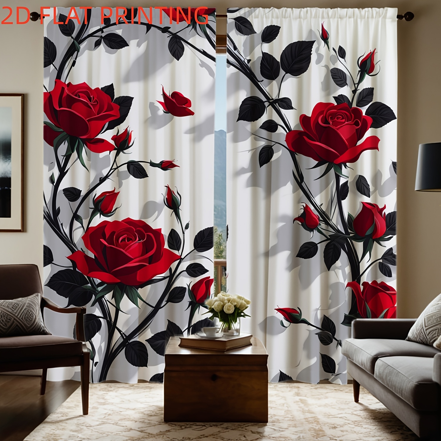 2D Ploščate - 2D Ploščate - 2D Ploščate, 2 kosa elegantnih zaves z vzorcem rdečih vrtnic - Živahne rdeče vrtnice in črna na beli podlagi, dizajn
