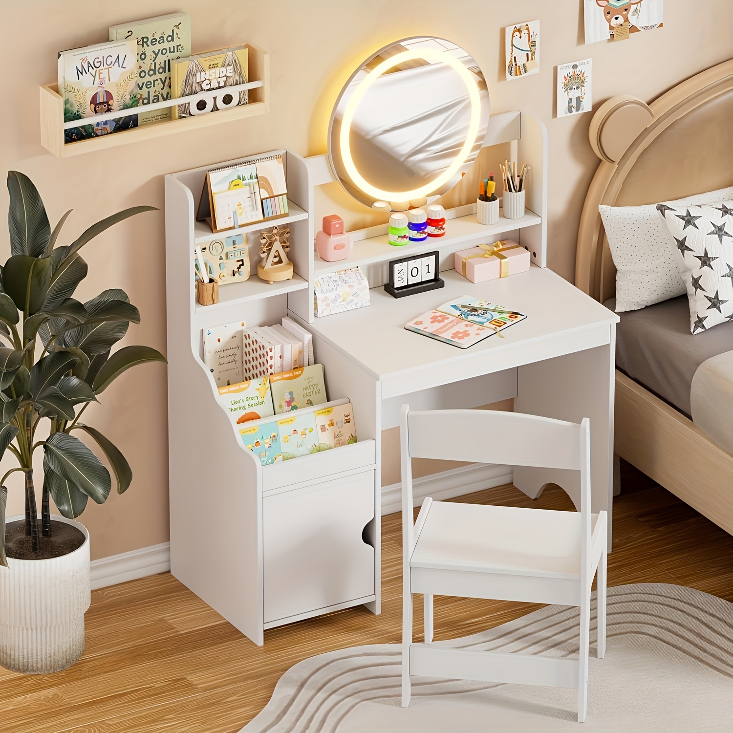 Image of Wooden Vanity Set, A -one Dressing Table Set, A Princess Vanity With A Stool, A Hair Styling Table, A Makeup Desk With A Mirror And Cabinet, In White/pink