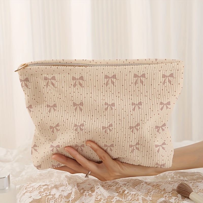 TEMU Schleifenmuster bedruckter Cord-Reißverschluss-Make-up-Tasche Aufbewahrungstasche, Leichte Make-up-Tasche, Make-up-Tasche, Multifunktionale