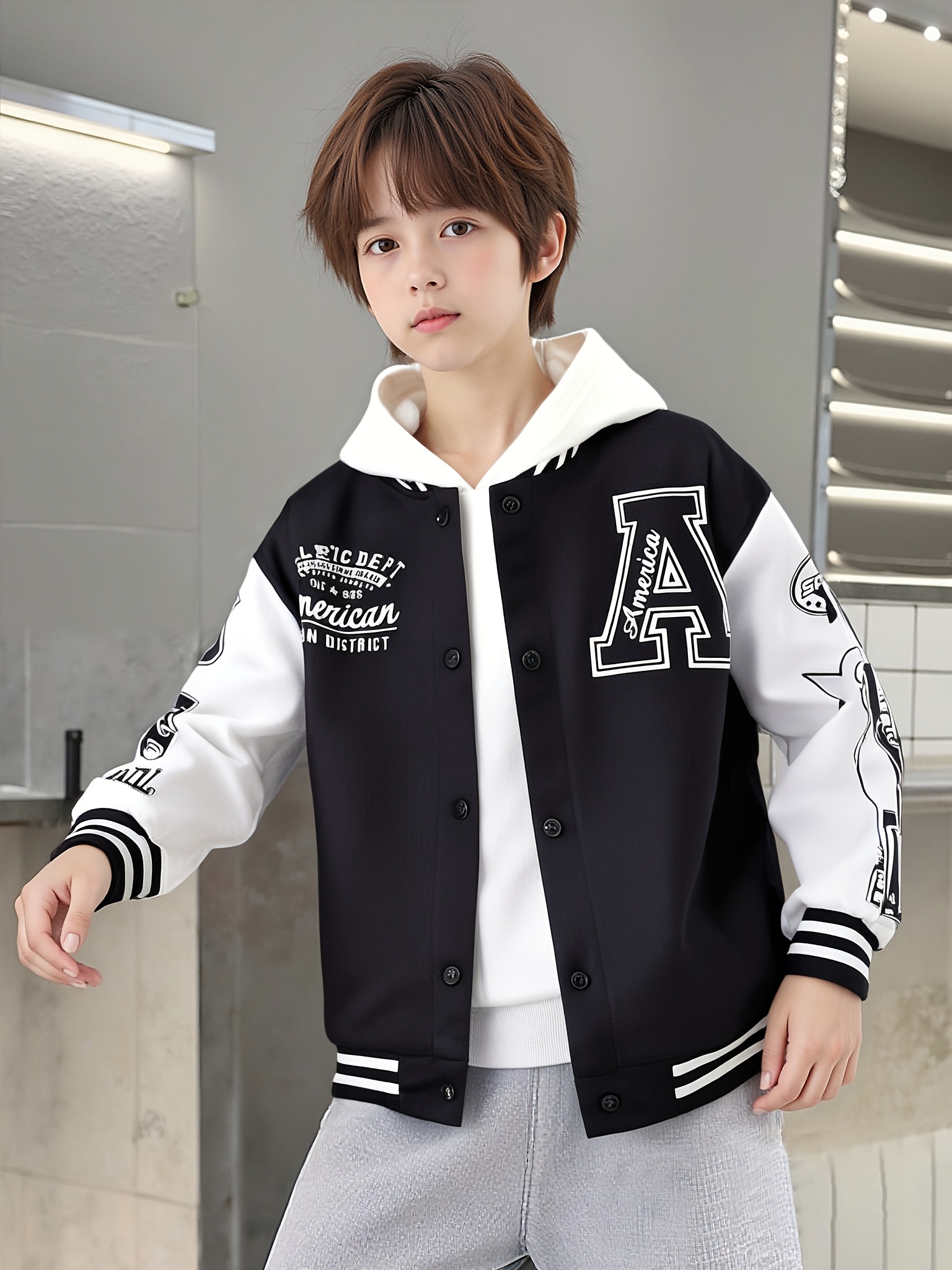 boys' preppy style varsity jacket color block 