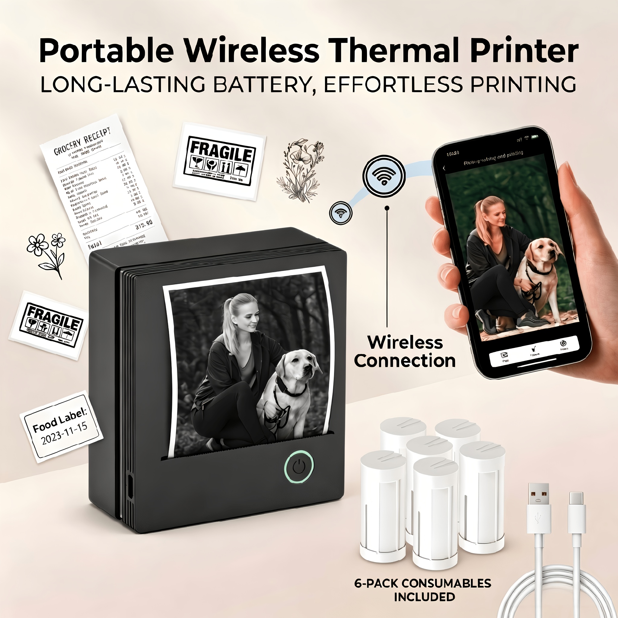 Pm290cb Wireless Thermal Label Maker - 2 Inch Portable Printer With 6 Rolls Paper, -recognition & Anti-jam Technology For Home And Office Organization.