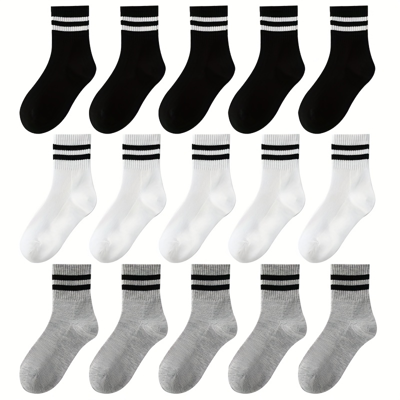 E-shop 15 Paar Jugendliche Crew Socken - Atmungsaktive Mesh Leichtgewichte Sommersocken mit Klassischem Streifendesign, Doppelstreifen & Einfarbige für